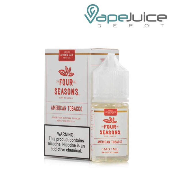 A box of American Tobacco Four Seasons eLiquid with a warning sign and a 30ml bottle next to it - Vape Juice Depot