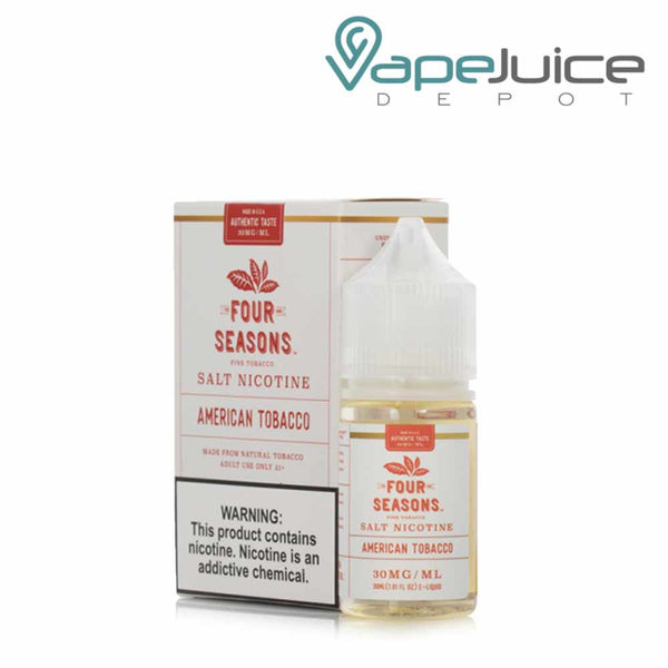 A box of American Tobacco Salt Four Seasons eLiquid with a warning sign and a 30ml bottle next to it - Vape Juice Depot