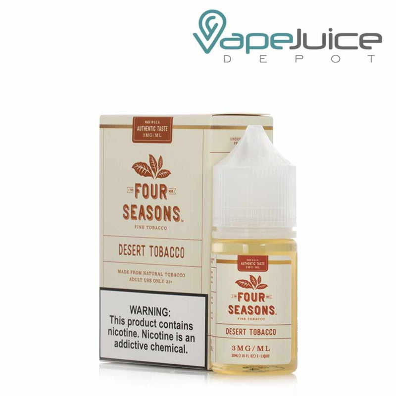 A box of Desert Tobacco Four Seasons with a warning sign and a 30ml bottle next to it - Vape Juice Depot