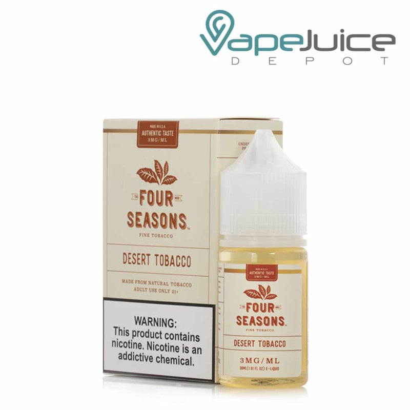 A box of Dessert Tobacco Four Seasons with a warning sign and a 30ml bottle next to it - Vape Juice Depot