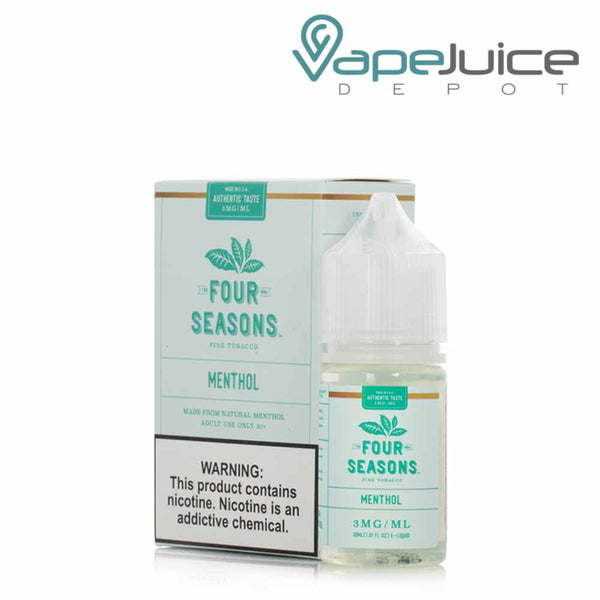 A box of Menthol Four Seasons with a warning sign and a 30ml bottle next to it - Vape Juice Depot