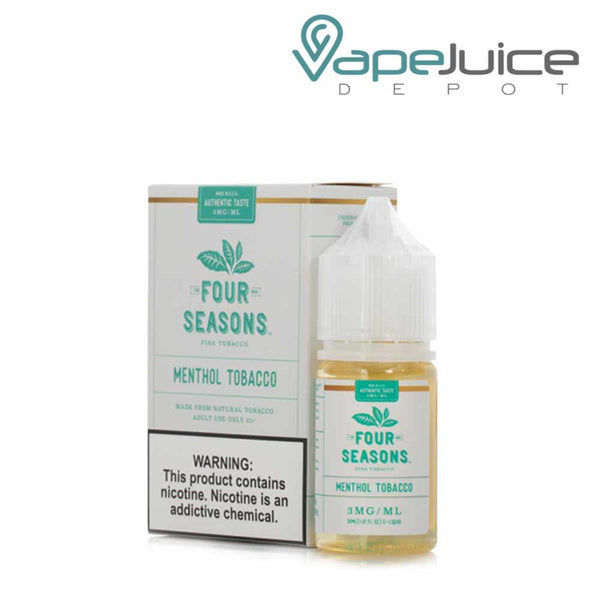 A box of Menthol Tobacco Four Seasons with a warning sign and a 30ml bottle next to it - Vape Juice Depot