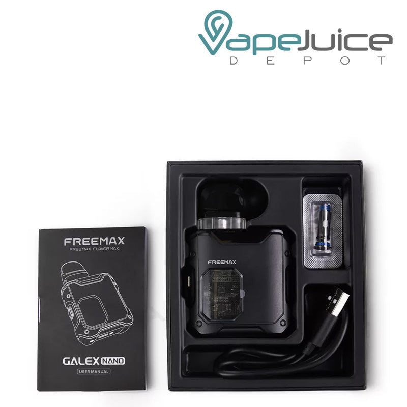 User Manual of FreeMax Galex Nano Pod Kit and a box with kit, coil and USB cable next to it - Vape Juice Depot