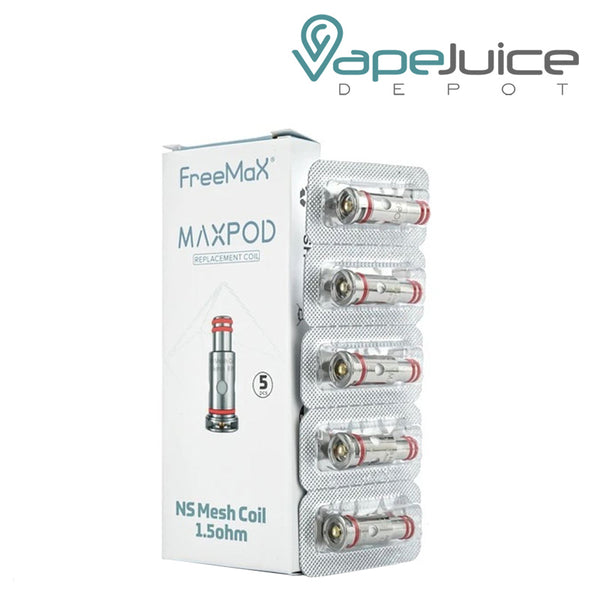 A box of FreeMax MAXPOD Replacement Coils and a pack of five coils next to it - Vape Juice Depot