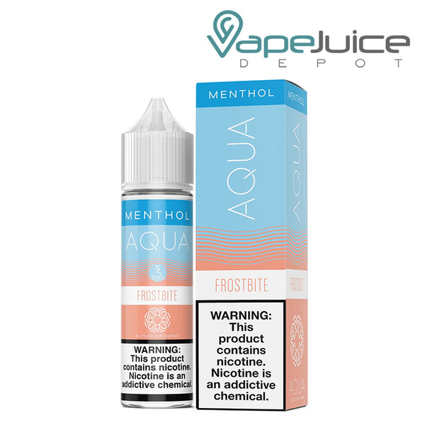 A 60ml bottle of Menthol Frostbite AQUA Synthetic eLiquid 3mg and a box with a warning sign next to it - Vape Juice Depot