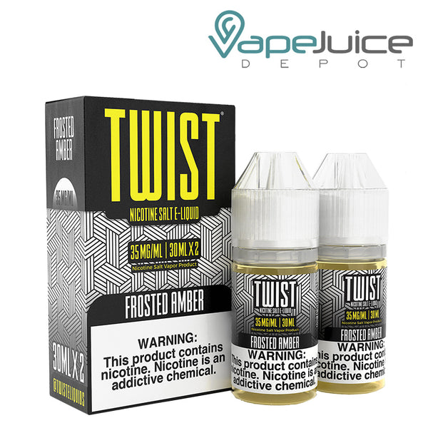 A box of Frozen Amber Twist Salt and two 30ml bottles with a warning sign next to it - Vape Juice Depot