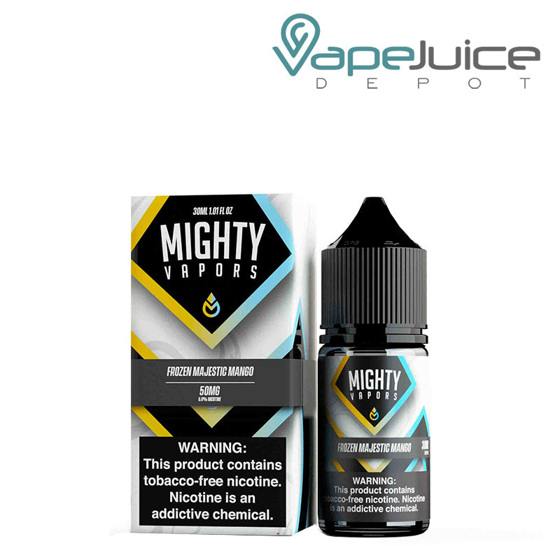 A box of Frozen Majestic Mango Salts Mighty Vapors with a warning sign and a 30ml bottle next to it - Vape Juice Depot