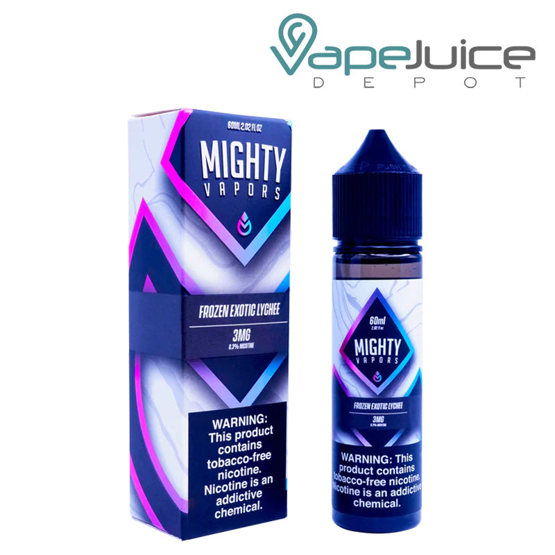 A box of Frozen Exotic Lychee Mighty Vapors TFN eLiquid with a warning sign and a 60ml bottle next to it - Vape Juice Depot