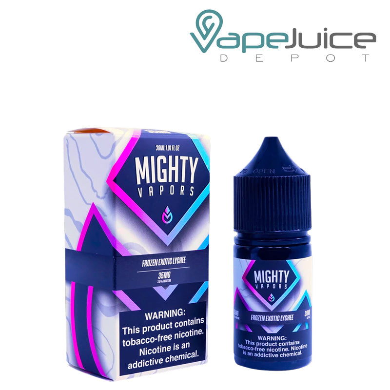 A box of Frozen Exotic Lychee TFN Salt Mighty Vapors with a warning sign and a 30ml bottle next to it - Vape Juice Depot