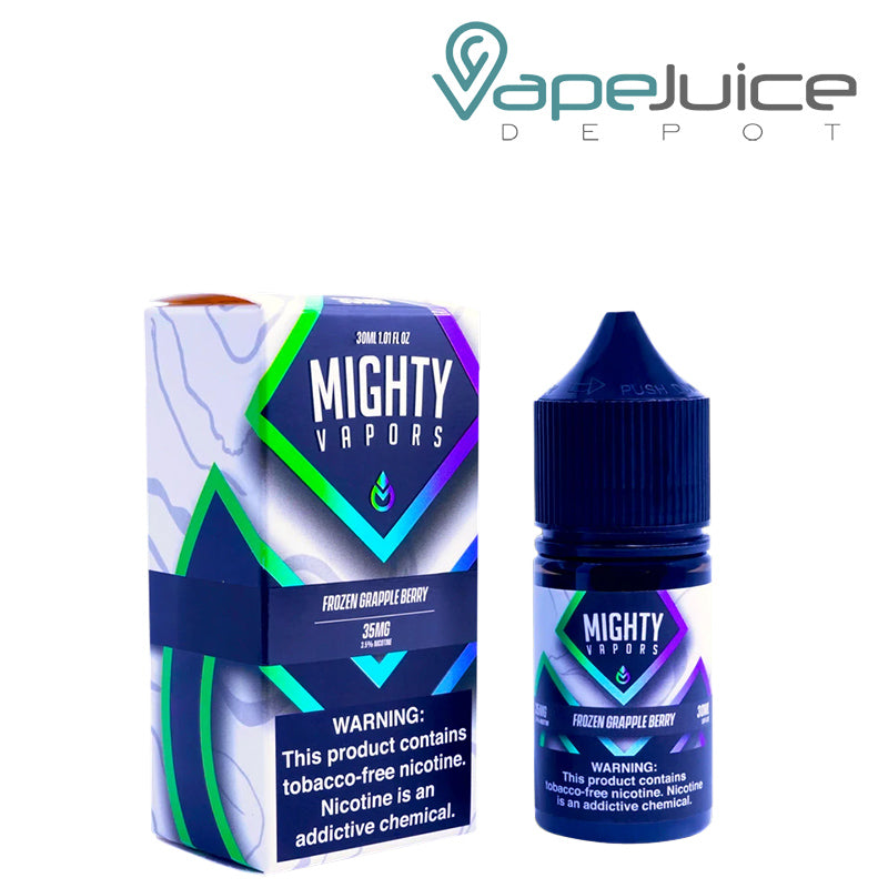A box of Frozen Grapple Berry TFN Salt Mighty Vapors with a warning sign and a 30ml bottle next to it - Vape Juice Depot