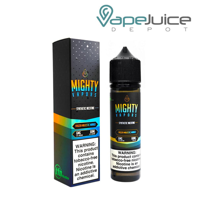 A box of Frozen Majestic Mango TFN Mighty Vapors and a 60ml bottle with a warning sign - Vape Juice Depot