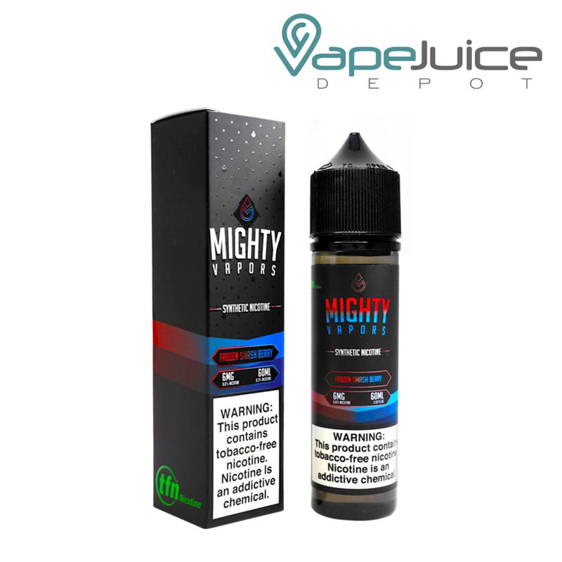 A box of Frozen Smash Berry TFN Mighty Vapors and a 60ml bottle with a warning sign next to it - Vape Juice Depot