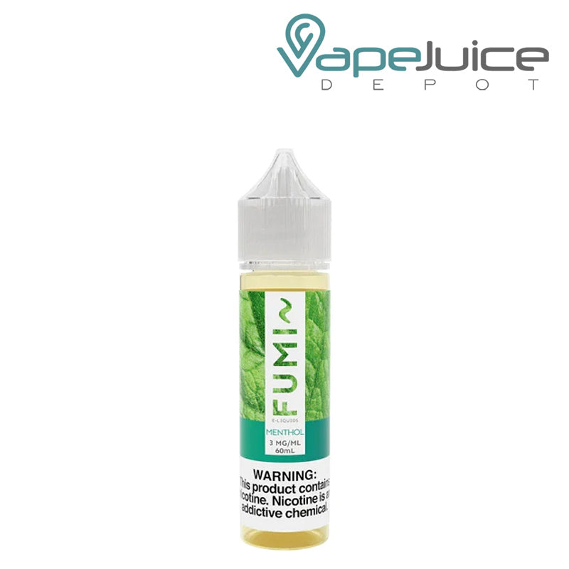 A 60ml bottle of Fumi Menthol Fumizer eLiquid with a warning sign - Vape Juice Depot