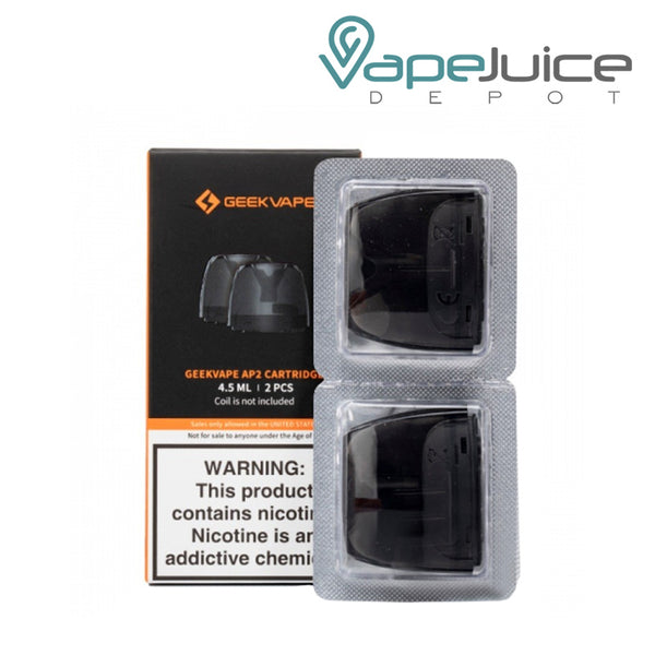 A box of GeekVape AP2 Pod Cartridge and two pack pods next to it - Vape Juice Depot