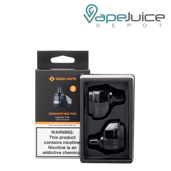A box of GeekVape B60 Aegis Boost 2 Replacement Pod with a warning sign and a 2-pack next to it - Vape Juice Depot