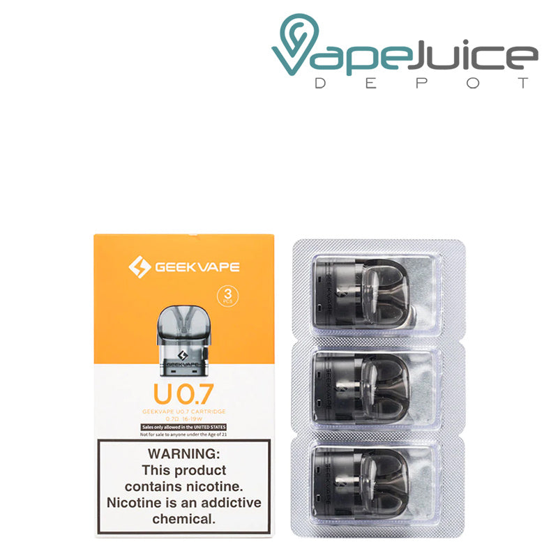 A Box of GeekVape U Replacement Pod with a warning sign and a 3-pack pods next to it - Vape Juice Depot