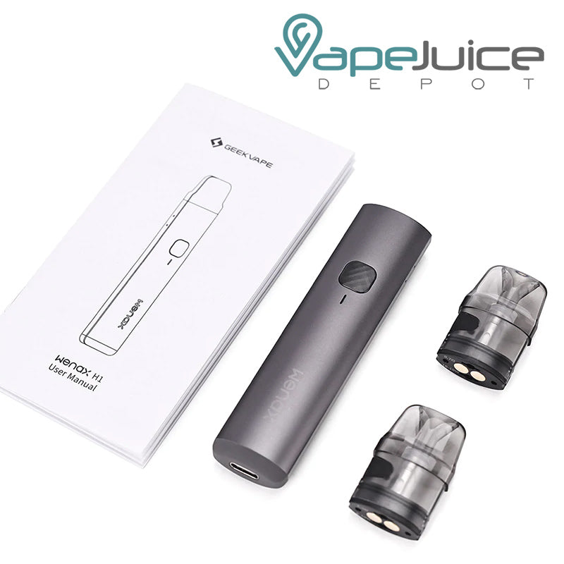 GeekVape Wenax H1 Pod System User Manual, a device with a firing button, and two pods - Vape Juice Depot