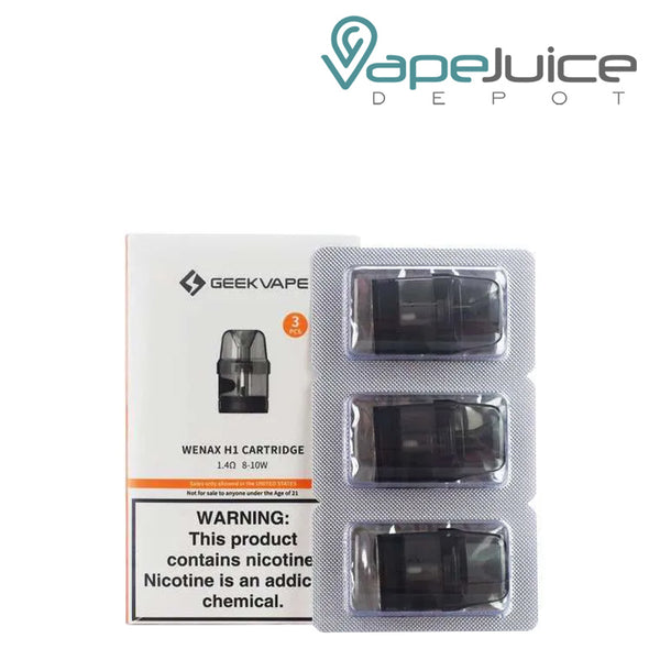A box of GeekVape Wenax H1 Replacement Pods with a warning sign and a 3-pack next to it - Vape Juice Depot