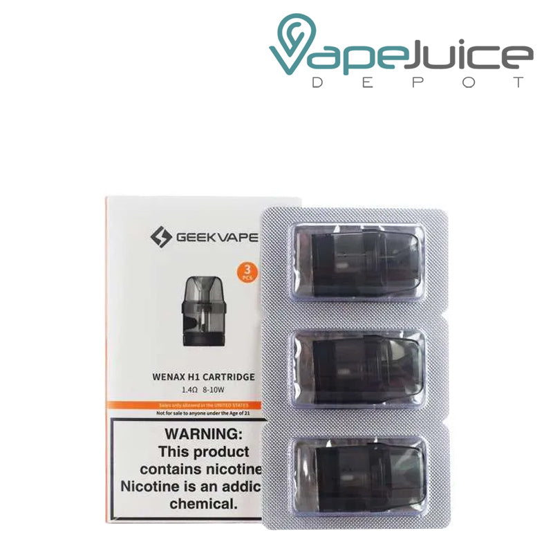 A box of GeekVape Wenax H1 Replacement Pods with a warning sign and a 3-pack next to it - Vape Juice Depot
