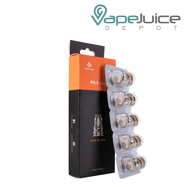 5 Pack of 0.5ohm GeekVape P Series Coils and a box next to it - Vape Juice Depot