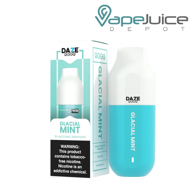 A box of Glacial Mint 7 Daze EGGE Disposable 3000 Puffs with a warning sign and a device next to it - Vape Juice Depot