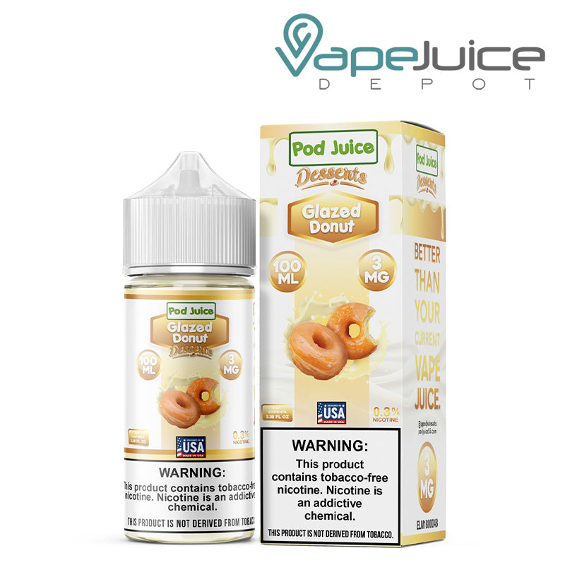 A 100ml bottle of Glazed Donut Pod Juice TFN with a warning sign and a box next to it - Vape Juice Depot