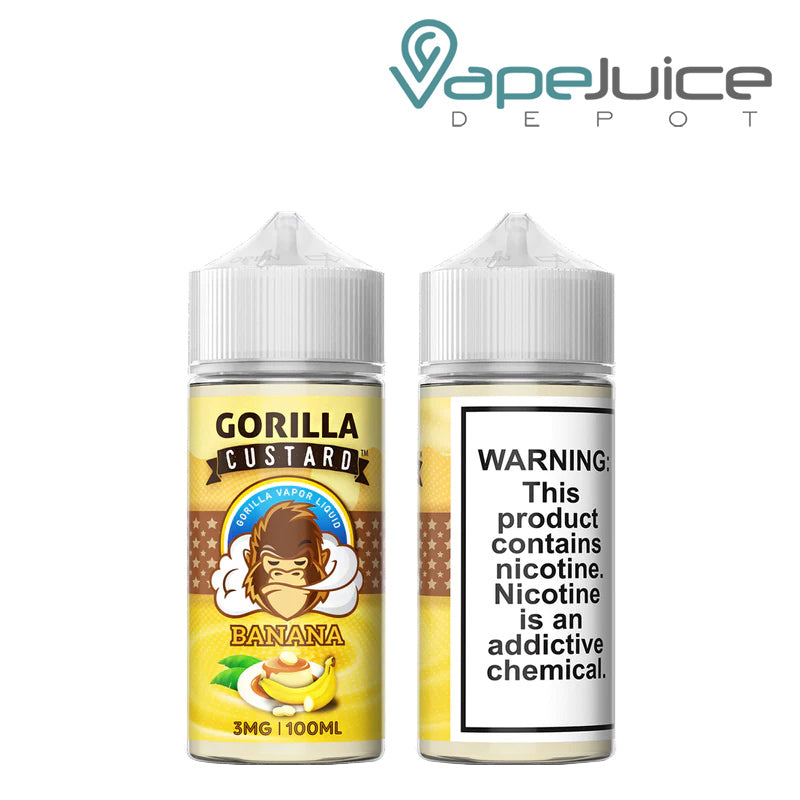 A 100ml bottle of Gorilla Custard eLiquids Banana 3mg - Vape Juice Depot