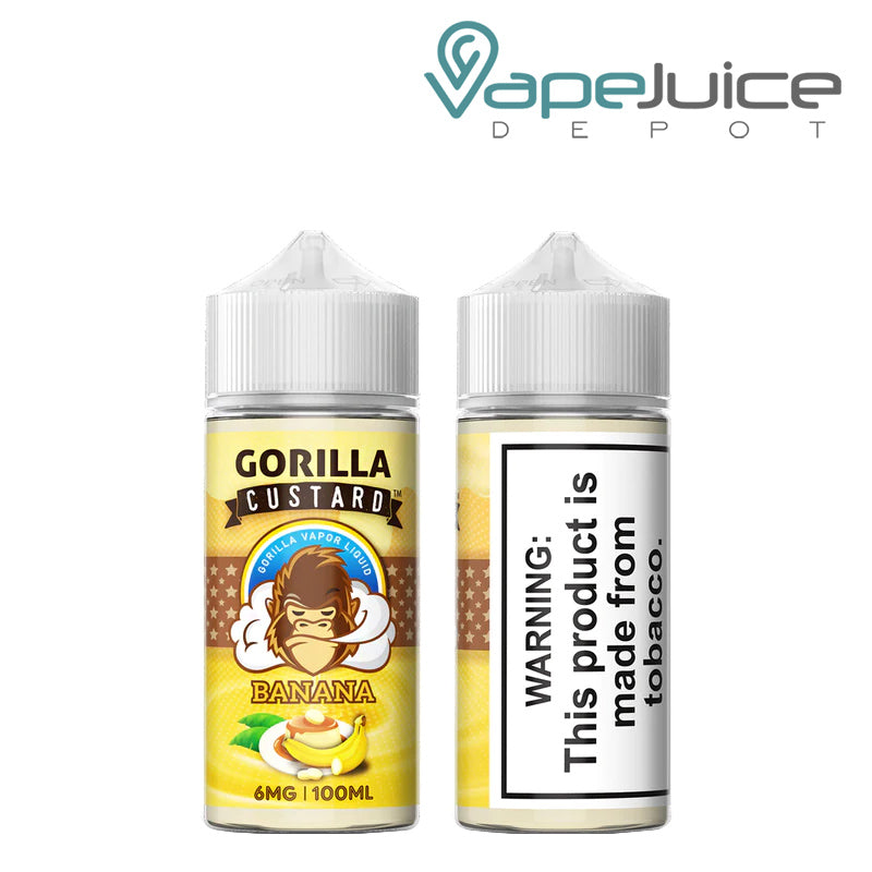 A 100ml bottle of Gorilla Custard eLiquids Banana 6mg - Vape Juice Depot