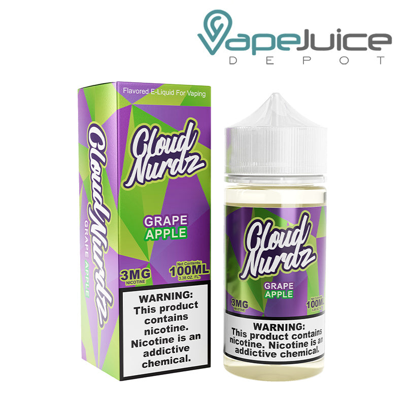 A box of Apple Grape TFN Cloud Nurdz with a warning sign and a 100ml bottle next to it - Vape Juice Depot