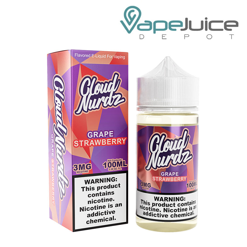 A box of Strawberry Grape TFN Cloud Nurdz with a warning sign and a 100ml bottle next to it - Vape Juice Depot