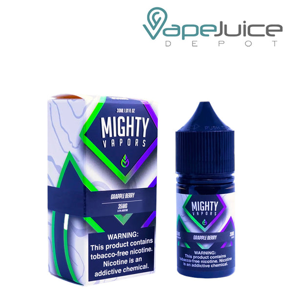 A box of Grapple Berry TFN Salt Mighty Vapors with a warning sign and a 30ml bottle - Vape Juice Depot