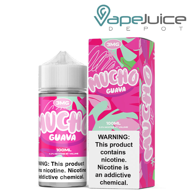 A 100ml bottle of Guava Mucho eLiquid with a warning sign and a box next to it - Vape Juice Depot
