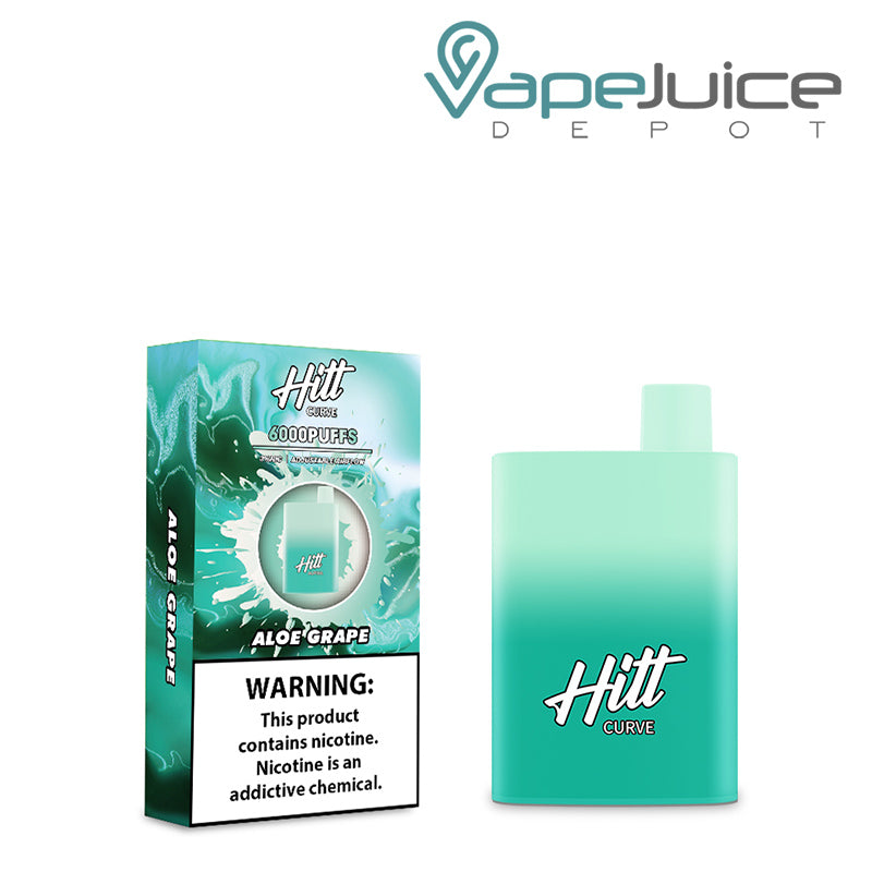 A box of Aloe Grape Hitt Curve Disposable Pod with a warning sign and a disposable next to it - Vape Juice Depot