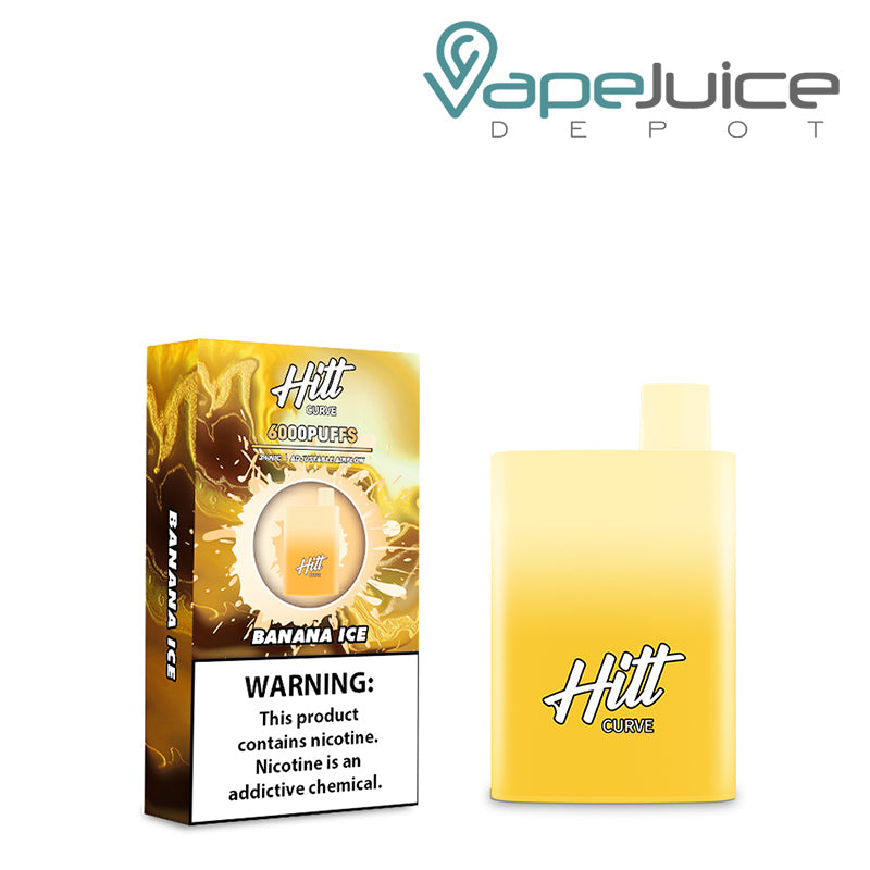 A box of Banana Ice Hitt Curve Disposable Pod with a warning sign and a disposable next to it - Vape Juice Depot