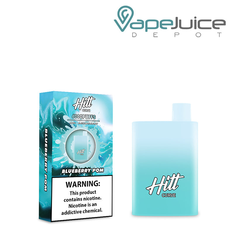 A box of Blueberry Pom Hitt Curve Disposable Pod with a warning sign and a disposable next to it - Vape Juice Depot