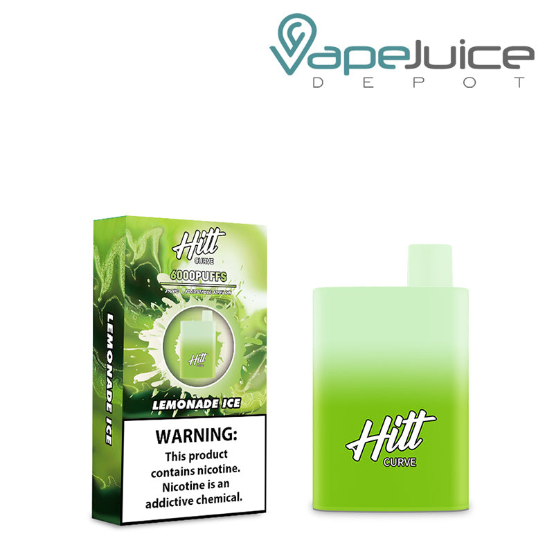 A box of Lemonade Ice Hitt Curve Disposable Pod with a warning sign and a disposable next to it - Vape Juice Depot