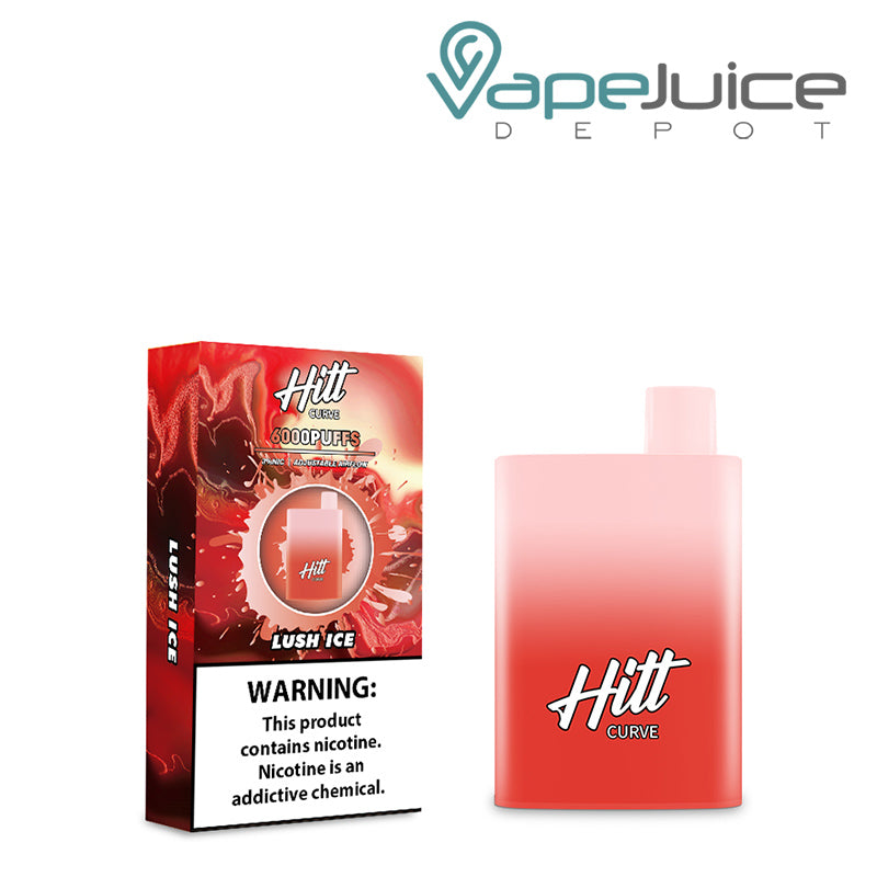 A box of Lush Ice Hitt Curve Disposable Pod with a warning sign and a disposable next to it - Vape Juice Depot