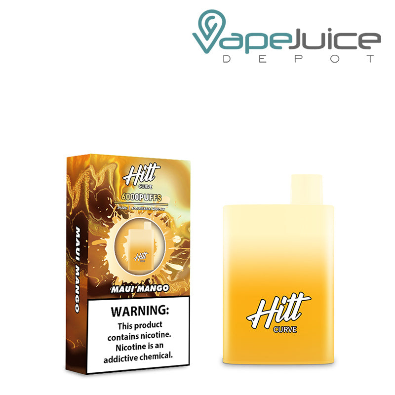 A box of Maui Mango Hitt Curve Disposable Pod with a warning sign and a disposable next to it - Vape Juice Depot