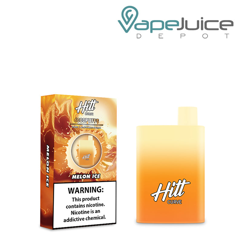 A box of Melon Ice Hitt Curve Disposable Pod with a warning sign and a disposable next to it - Vape Juice Depot