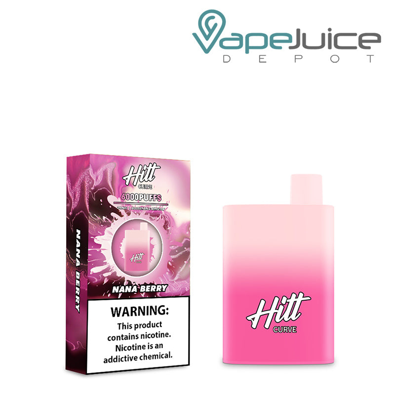 A box of Nana Berry Hitt Curve Disposable Pod with a warning sign and a disposable next to it - Vape Juice Depot