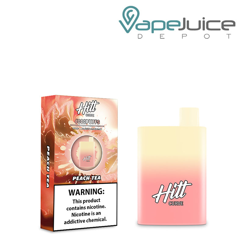 A box of Peach Tea Hitt Curve Disposable Pod with a warning sign and a disposable next to it - Vape Juice Depot