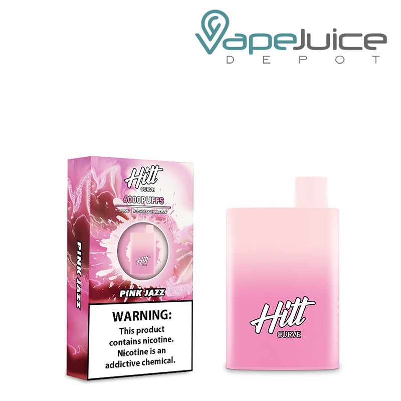 A box of Pink Jazz Hitt Curve Disposable Pod with a warning sign and a disposable next to it - Vape Juice Depot