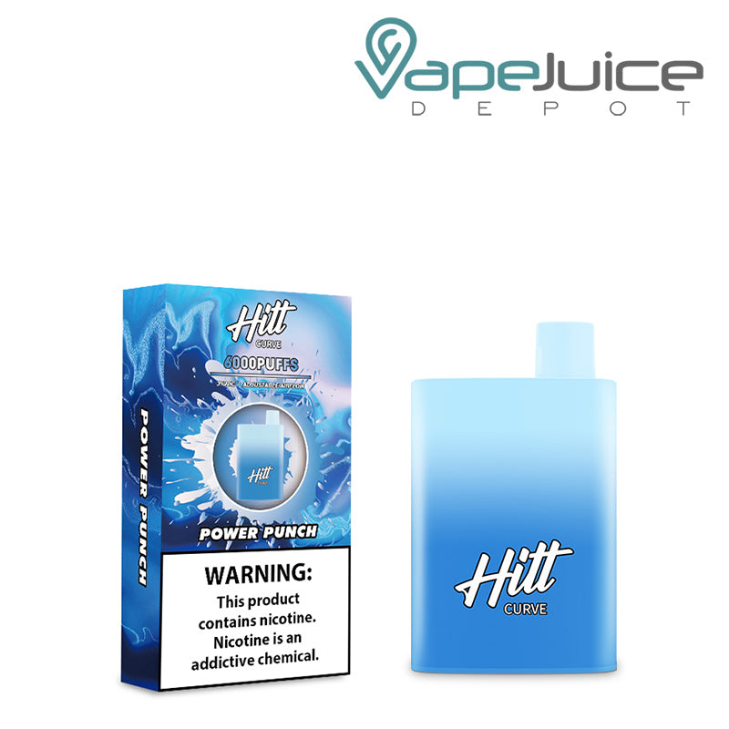 A box of Power Punch Hitt Curve Disposable Pod with a warning sign and a disposable next to it - Vape Juice Depot