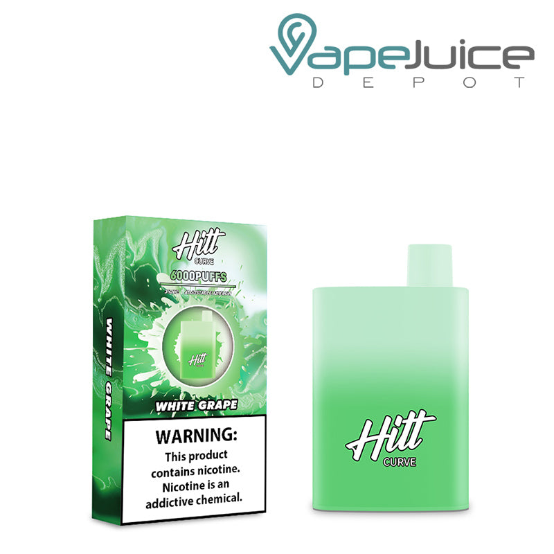A box of White Grape Hitt Curve Disposable Pod with a warning sign and a disposable next to it - Vape Juice Depot