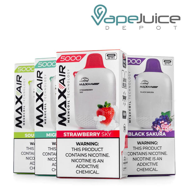 Four boxes of HYPPE MAX AIR Disposable with warning signes - Vape Juice Depot