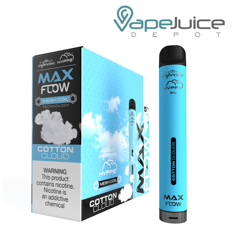 A box of Cotton Cloud HYPPE Max Flow Disposable Vape with a warning sign and a disposable next to it - Vape Juice Depot