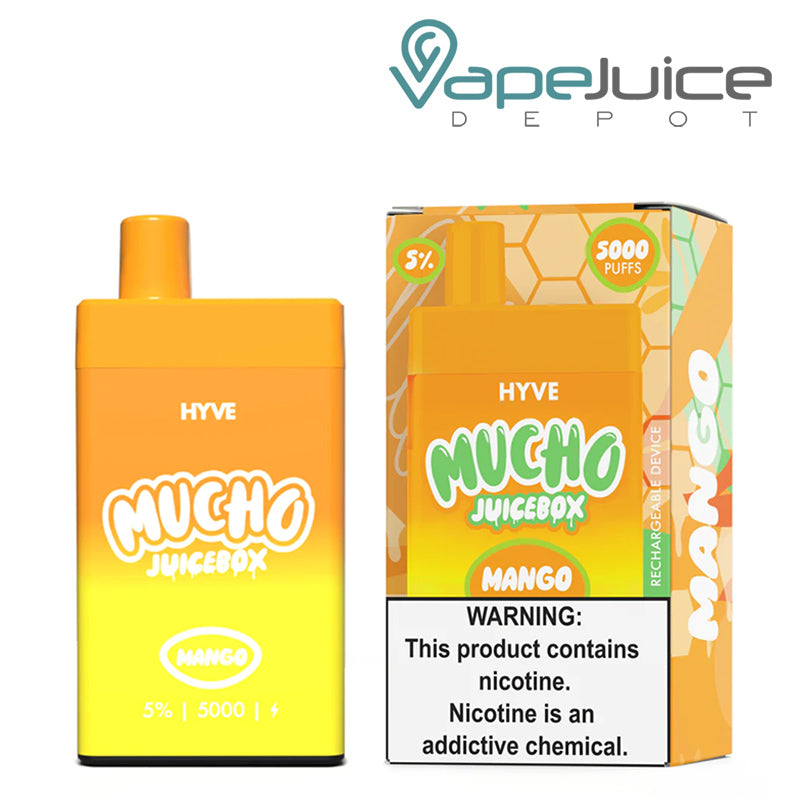 Mango HYVE Mucho JuiceBox Disposable and a box with a warning sign next to it - Vape Juice Depot