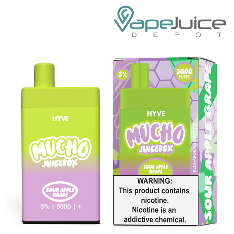 Sour Apple Grape HYVE Mucho JuiceBox Disposable and a box with a warning sign next to it - Vape Juice Depot