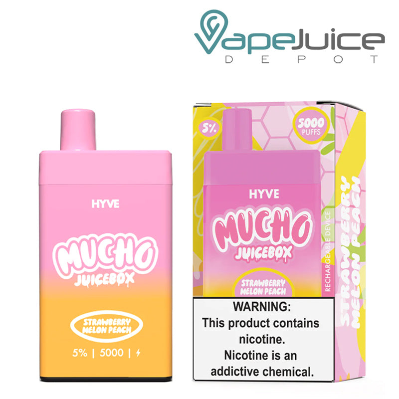 Strawberry Melon Peach HYVE Mucho JuiceBox Disposable and a box with a warning sign next to it - Vape Juice Depot