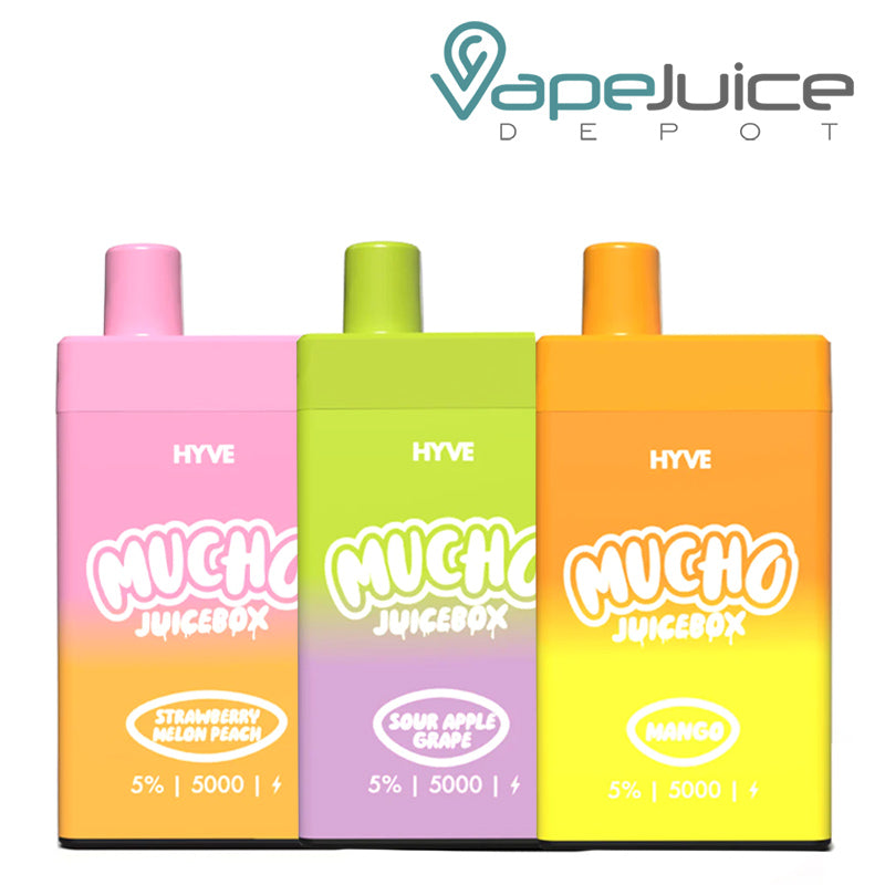Three flavors of HYVE Mucho JuiceBox Disposable - Vape Juice Depot